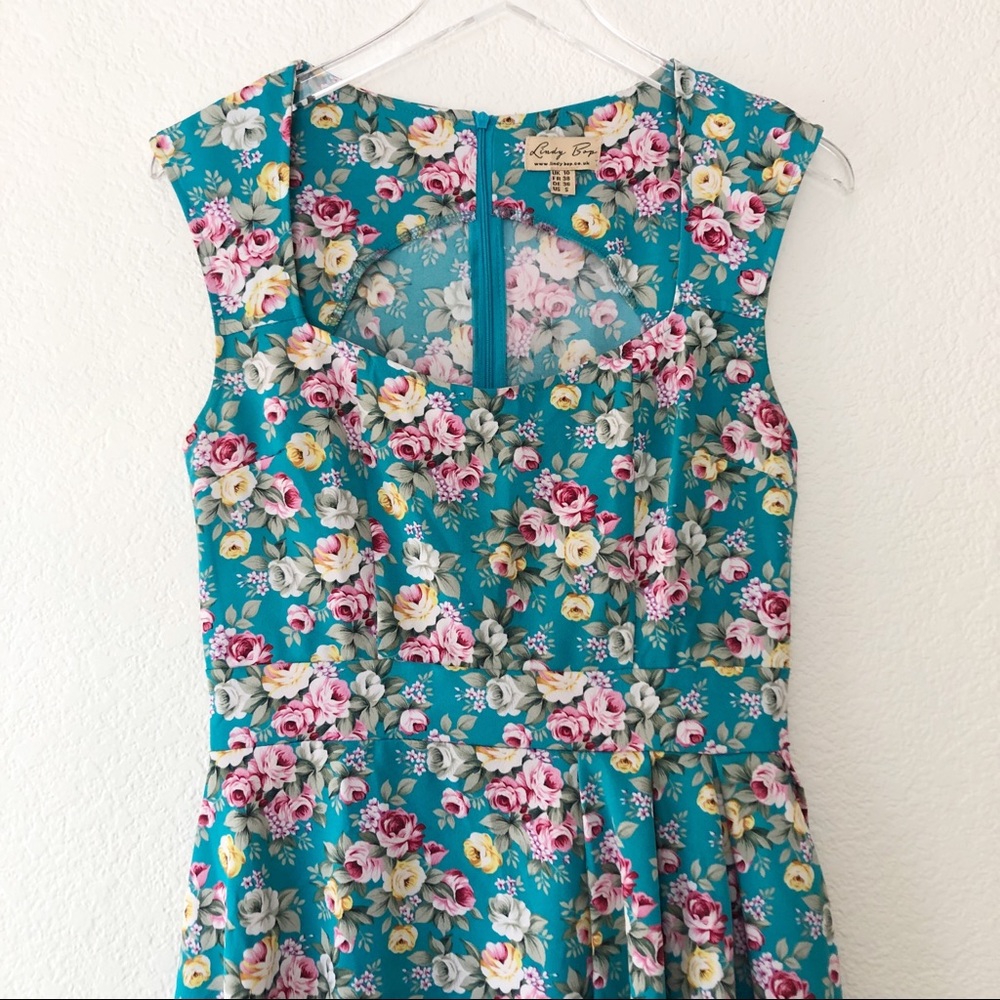 Lindy bop teal blue pink floral pin up dress - Picture 2 of 7